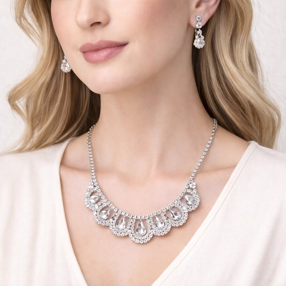Scalloped Silver Crystal Statement Necklace & Earring Set